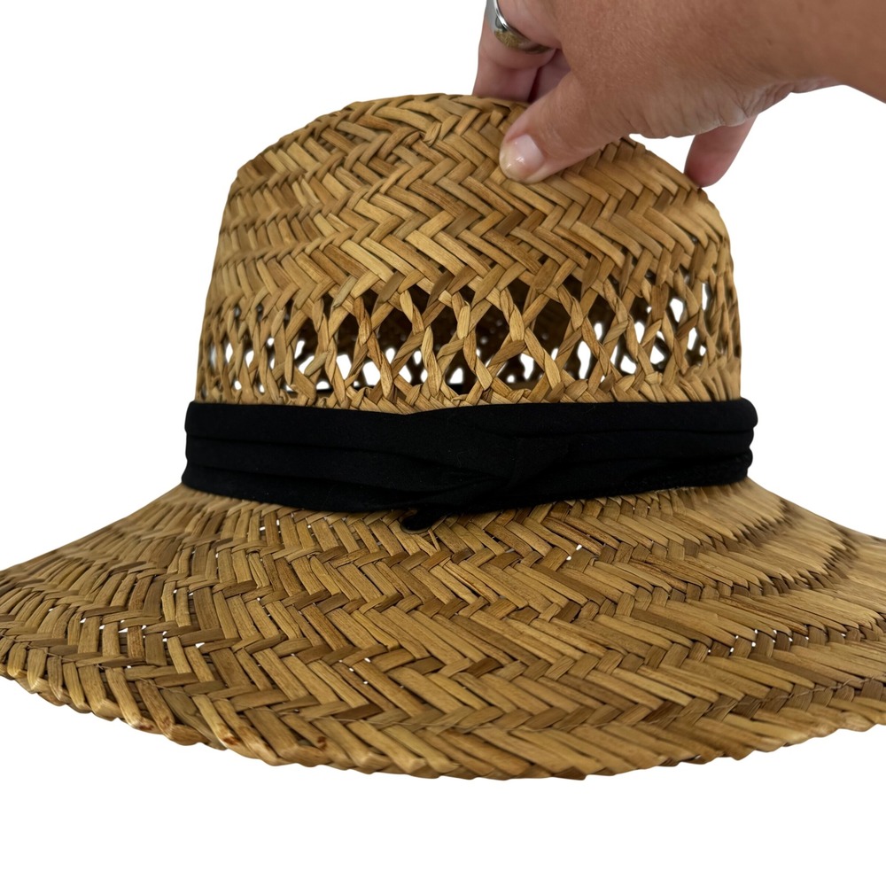 Straw Hat Natural Woven Chin Strap 100% Plant Material Black Band Sun Protection
